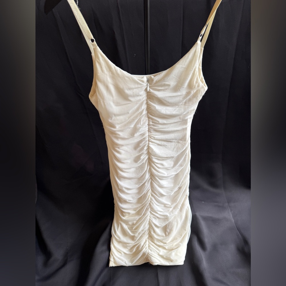 Bebe Cream Satin Bodycon ruffle Dress